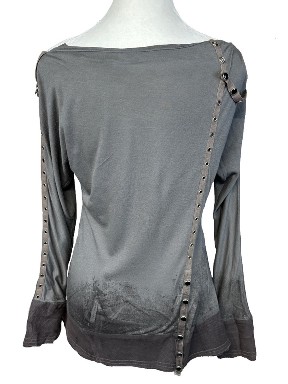 Salvage Y2K Grunge Gray Snap Button Rocker Punk Rivet Thrashed Thin Top XS - Picture 3 of 16